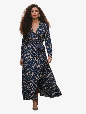 NWT Mango Blue Abstract Knot Print Maxi Wrap Dress Size 4